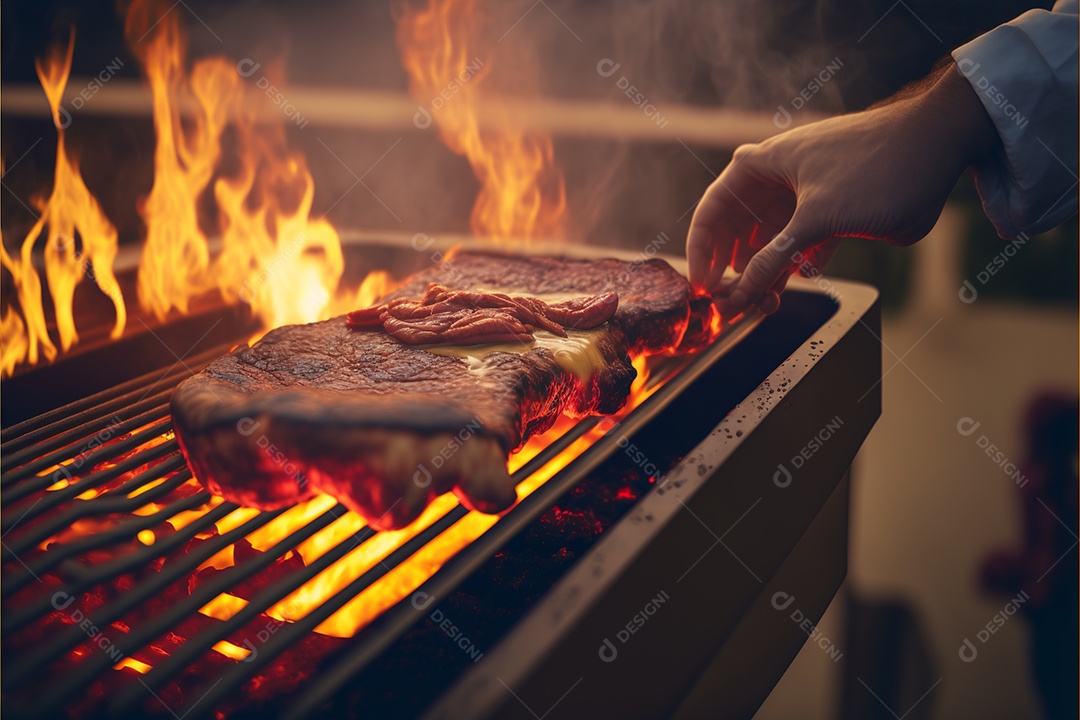 Carne assando sobre churrasqueira