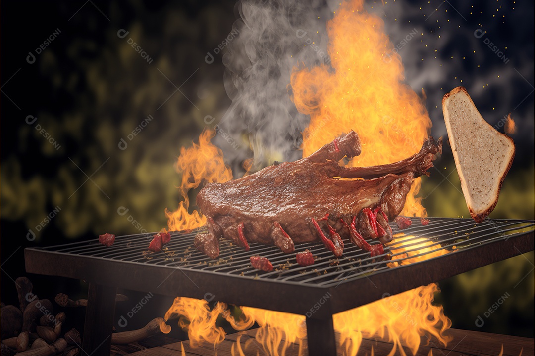 Carne assando sobre churrasqueira