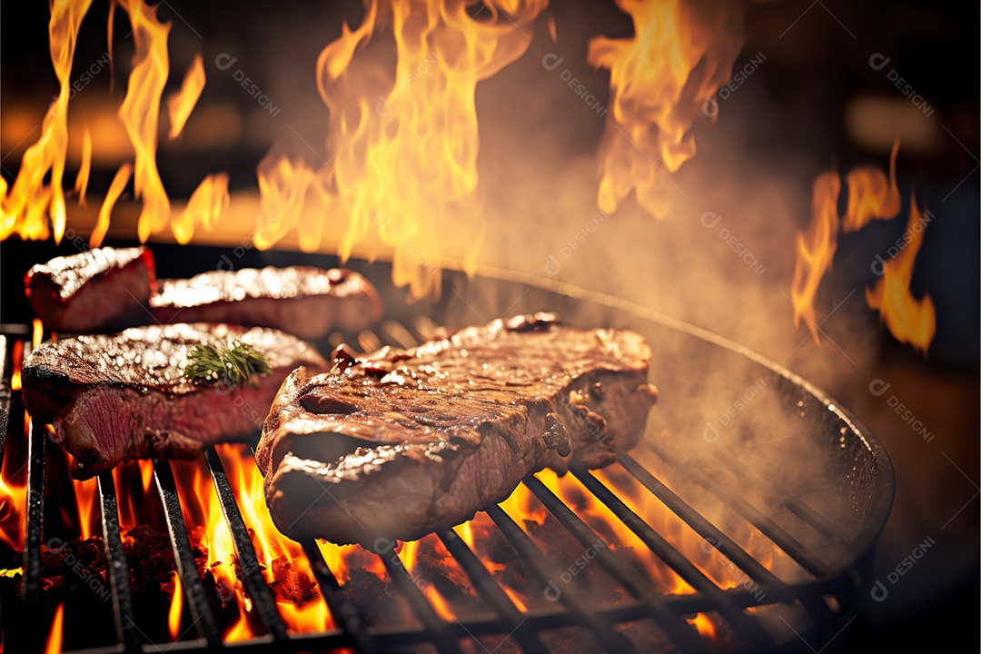 Carne assando sobre churrasqueira