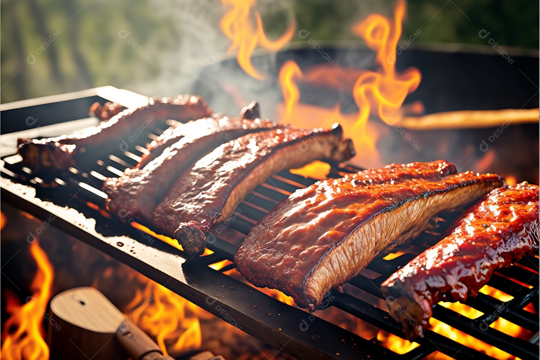 Carne assando sobre churrasqueira