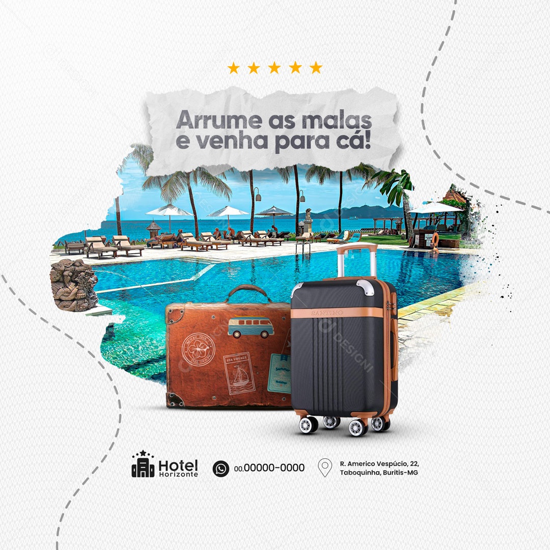 Arrume as Malas e Venha para Cá! Hotel Social Media PSD Editável