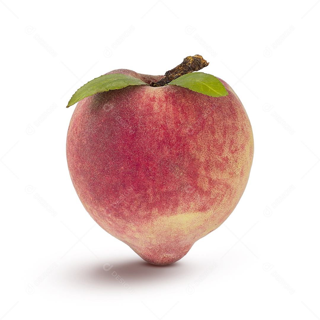 Pêssego Com Folhas Verdes Isoladas Sobre Fundo Vermelho.