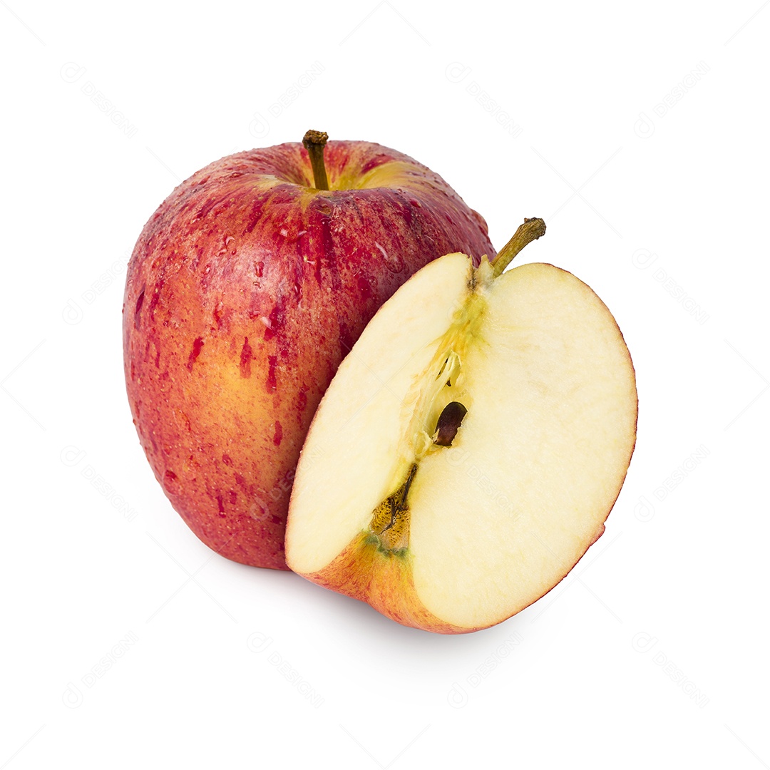 Apple e fatia separados isolados no fundo branco.