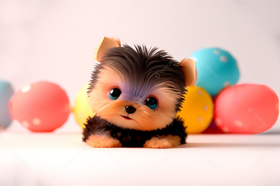 cão bonito animal de estimação bebê sorrindo cartoon isolado, fundo desfocado.