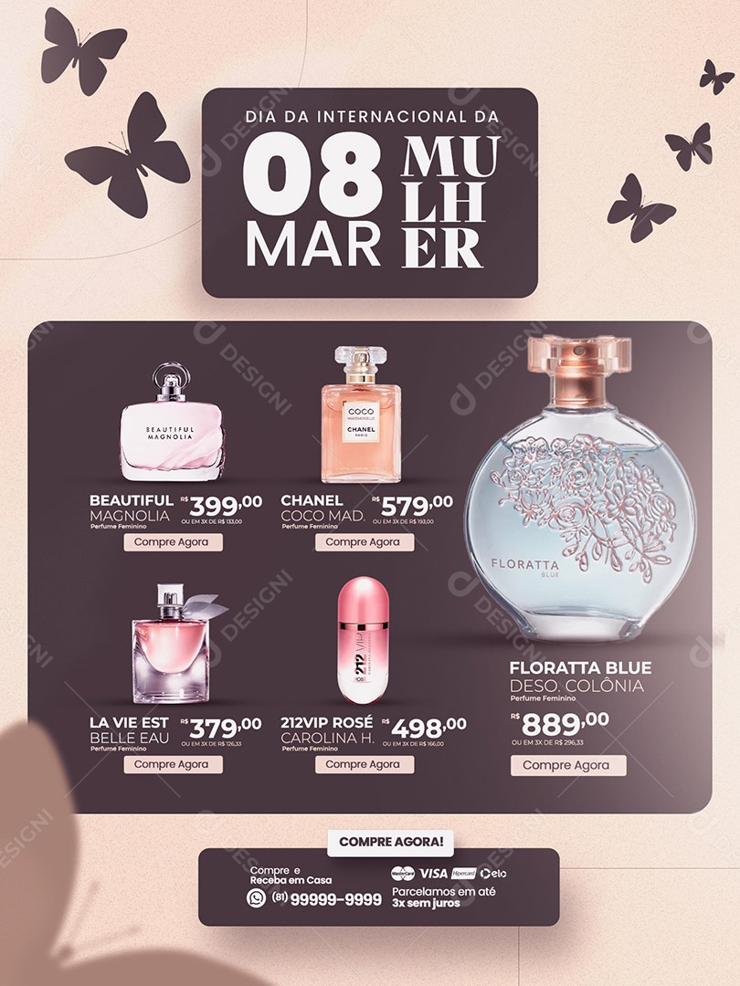 Encarte Perfumaria Floratta Blue Dia Internacional Da Mulher Social Media PSD Editável
