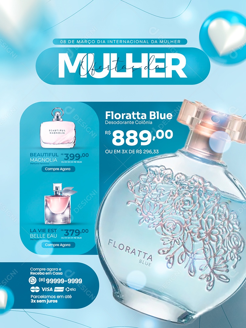 Encarte Perfumaria Floratta Blue Dia Internacional Da Mulher Social Media PSD Editável