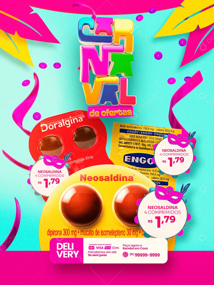Encarte Carnaval de Ofertas Doralgina Farmácia Social Media PSD Editável