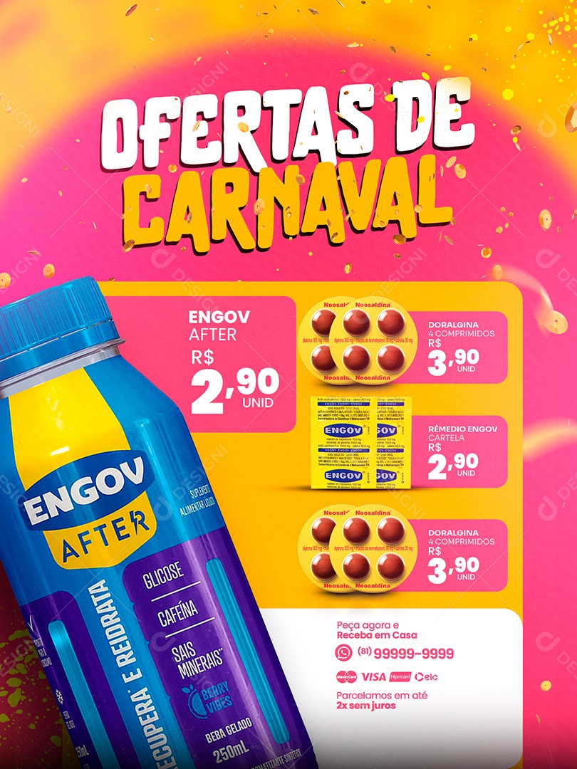Encarte Ofertas de Carnaval Farmácia Engov Social Media PSD Editável