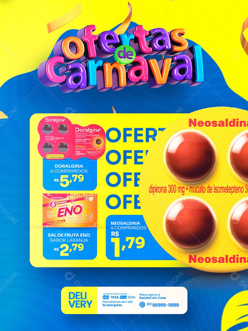 Ofertas de Carnaval Encarte Neosaldina Fármacia Social Media PSD Editável