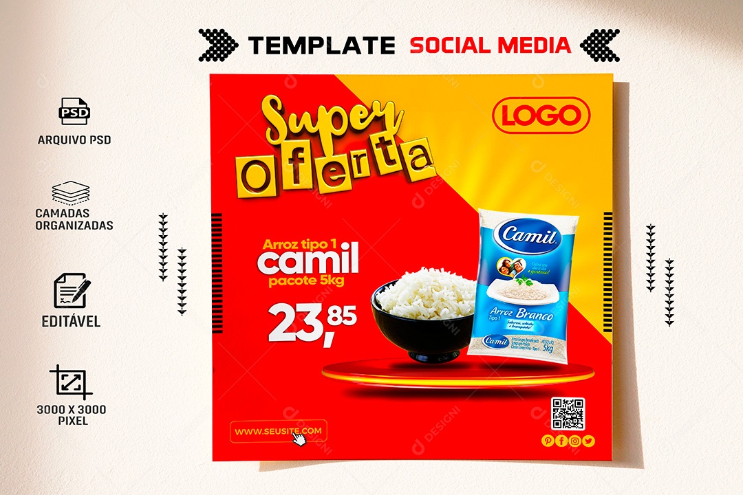 Post Supermercado Super Oferta Arroz Camil Social Media PSD Editável