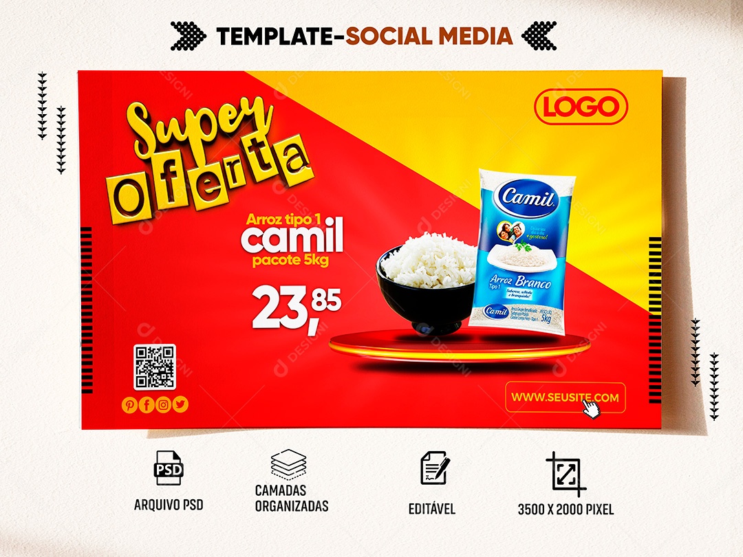 Post Supermercado Super Oferta Arroz Camil Social Media PSD Editável