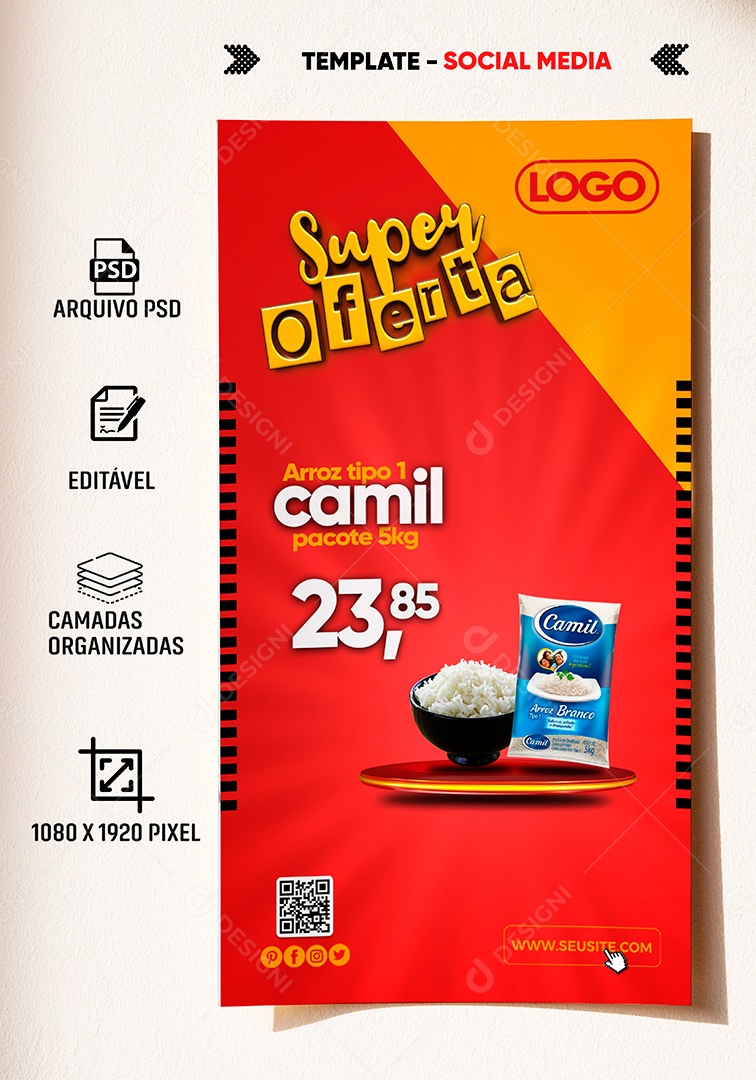 Post Supermercado Super Oferta Arroz Camil Social Media PSD Editável
