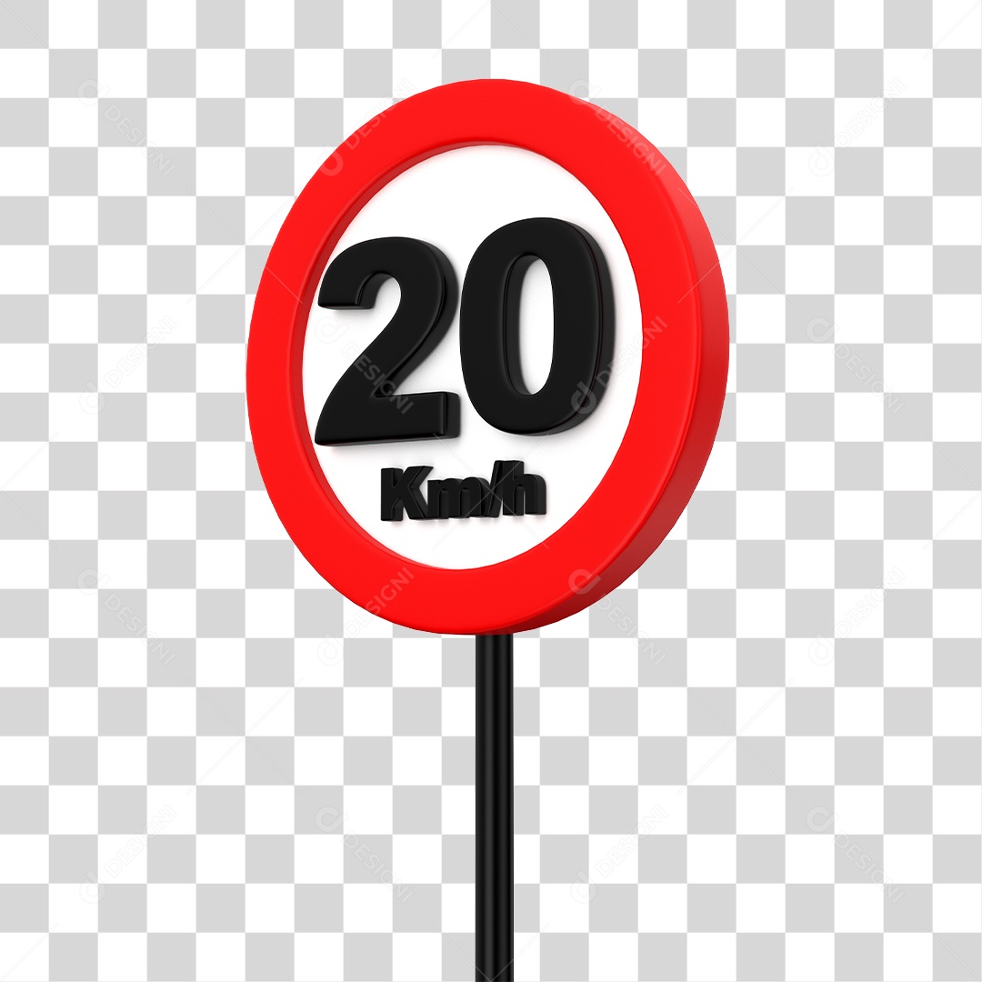 Placa de Trânsito Alerta de Velocidade Máxima 20 Km/h Elemento 3D PNG Transparente