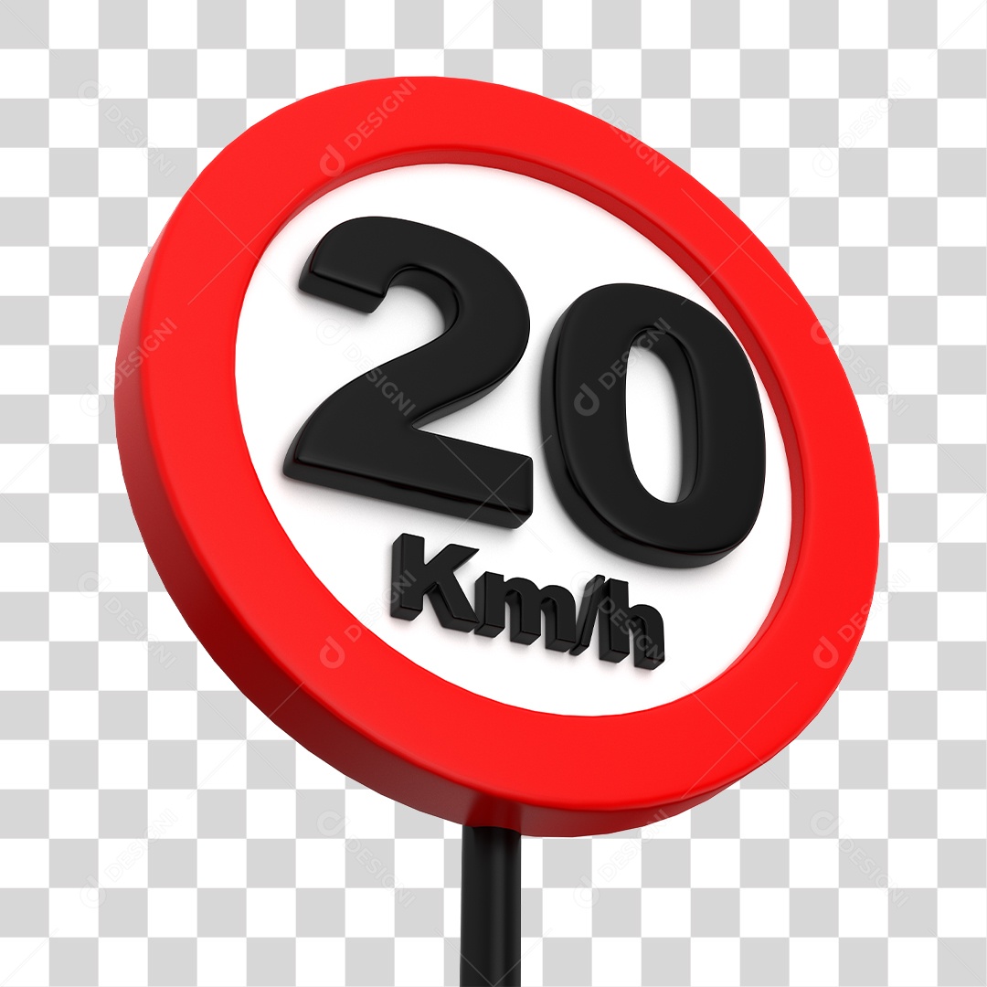Placa de Trânsito Alerta de Velocidade Máxima 20 Km/h Elemento 3D PNG Transparente