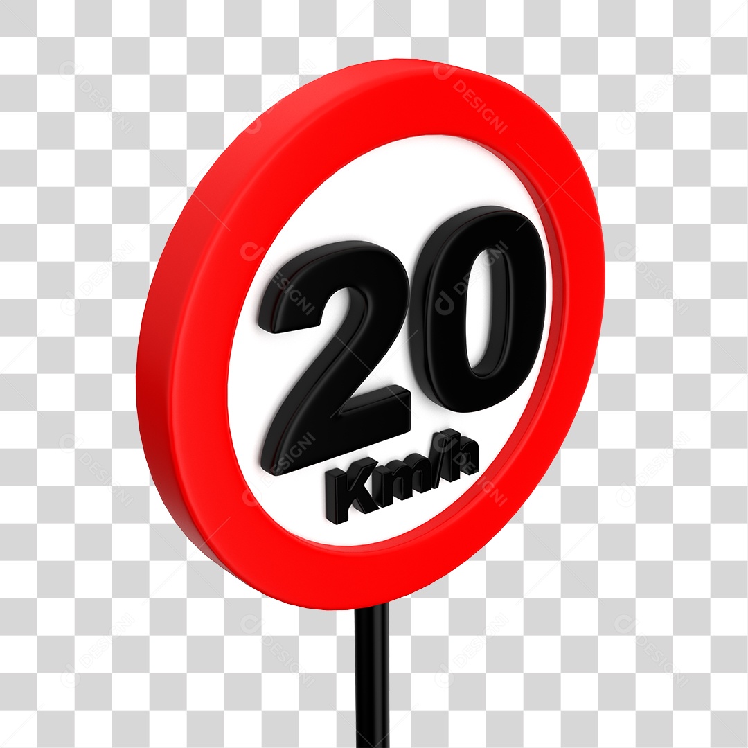 Placa de Trânsito Alerta de Velocidade Máxima 20 Km/h Elemento 3D PNG Transparente