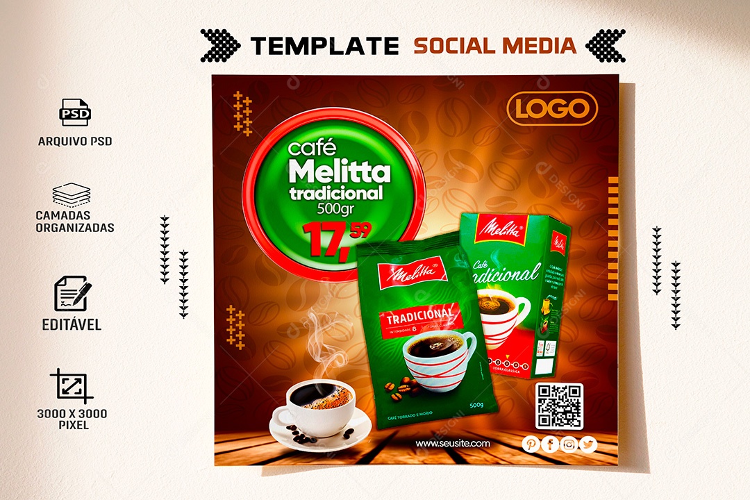 Post Supermercado Café Melita Social Media PSD Editável