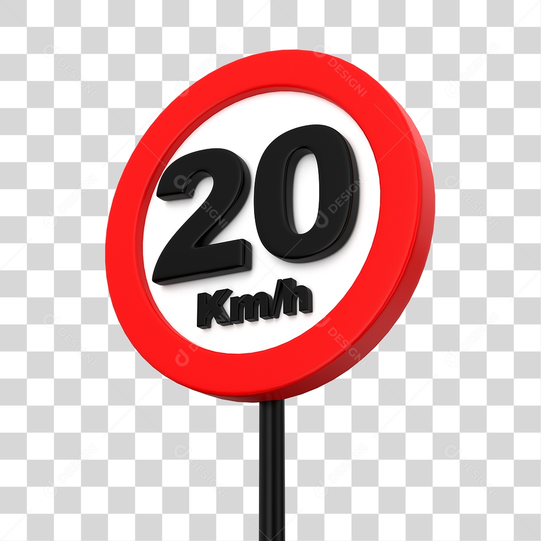 Placa de Trânsito Alerta de Velocidade Máxima 20 Km/h Elemento 3D PNG Transparente