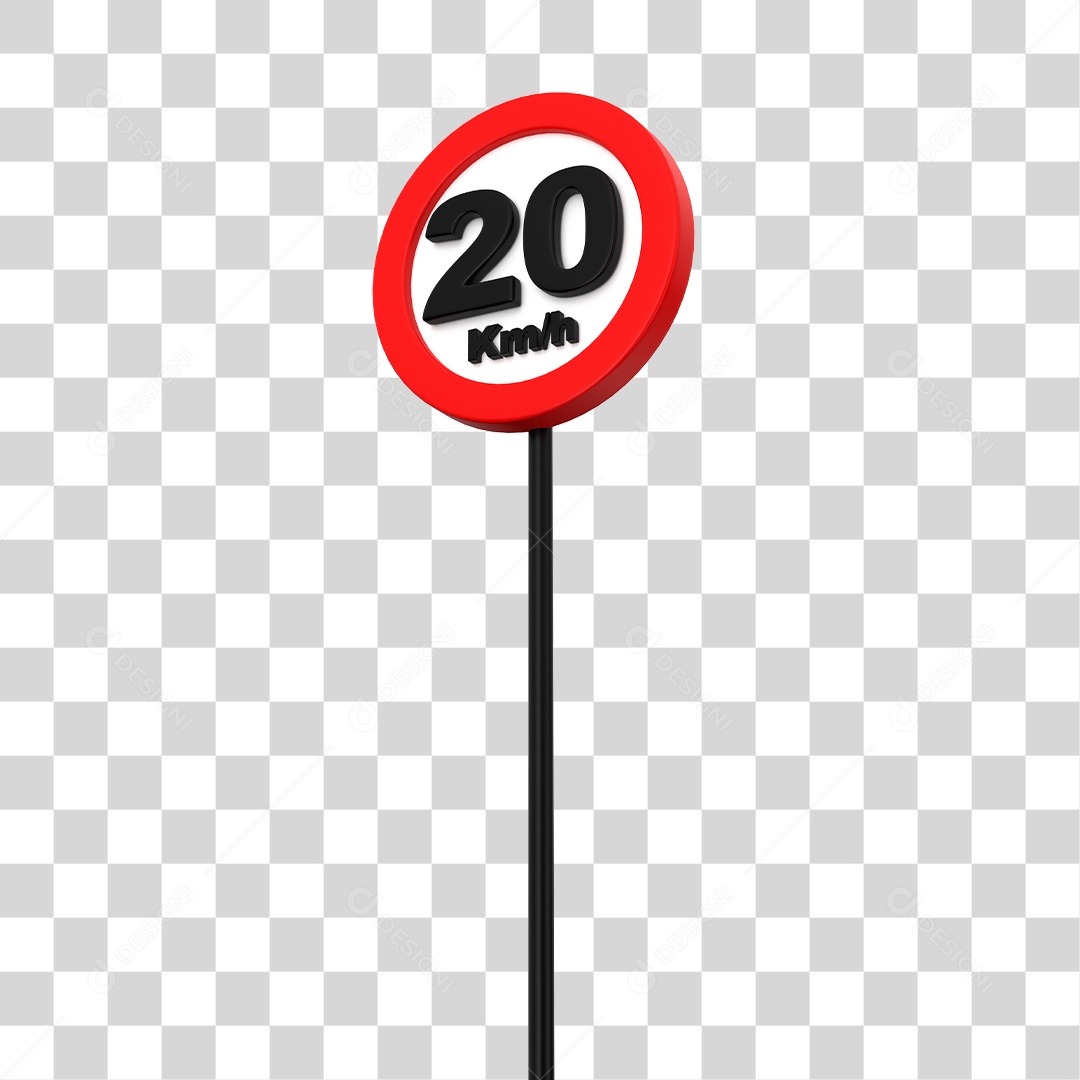 Placa de Trânsito Alerta de Velocidade Máxima 20 Km/h Elemento 3D PNG Transparente