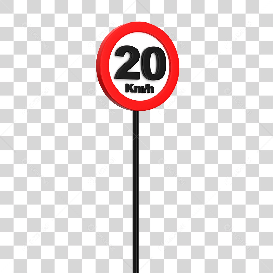 Placa de Trânsito Alerta de Velocidade Máxima 20 Km/h Elemento 3D PNG Transparente