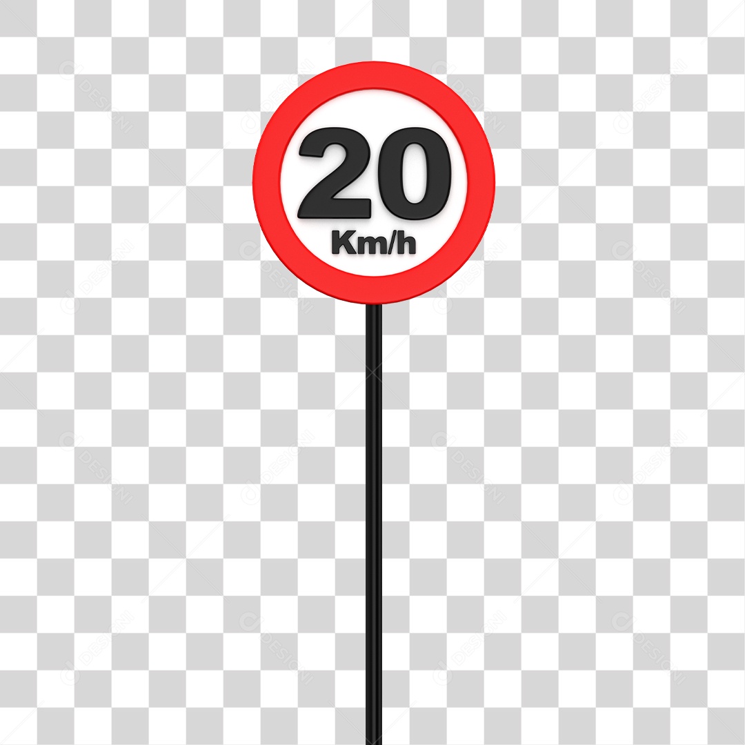 Placa de Trânsito Alerta de Velocidade Máxima 20 Km/h Elemento 3D PNG Transparente