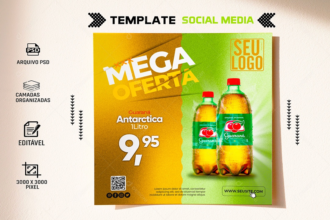 Post Supermercado Mega Oferta Refrigerante Guaraná Antarctica Social Media PSD Editável