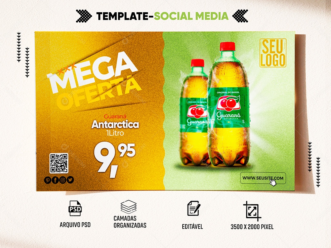 Post Supermercado Mega Oferta Refrigerante Guaraná Antarctica Social Media PSD Editável