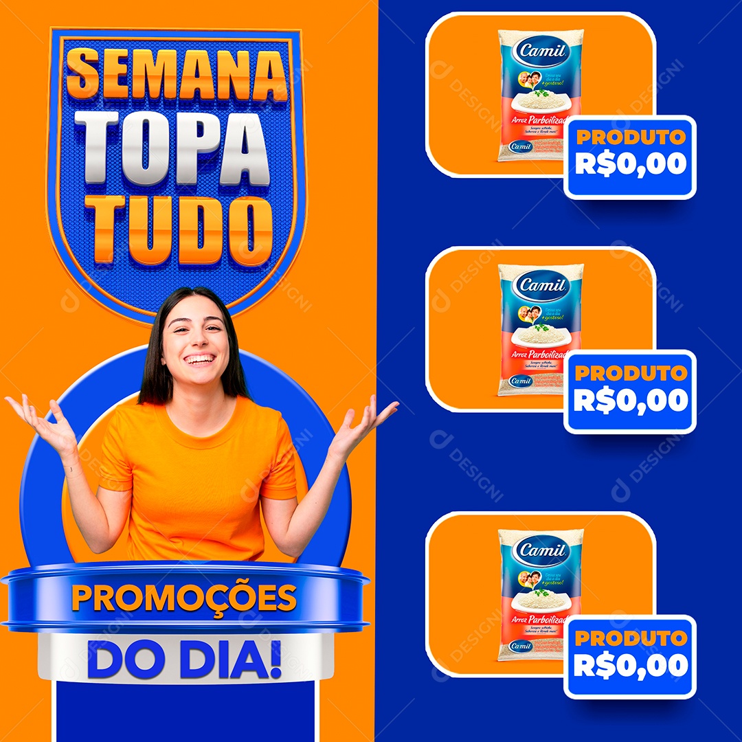 Post Supermercado Semana Topa Tudo Arroz Camil Social Media PSD Editável