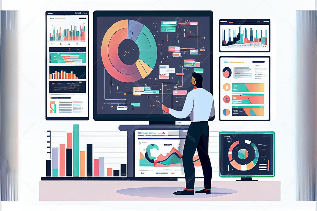 Analista trabalhando no painel de análise de negócios