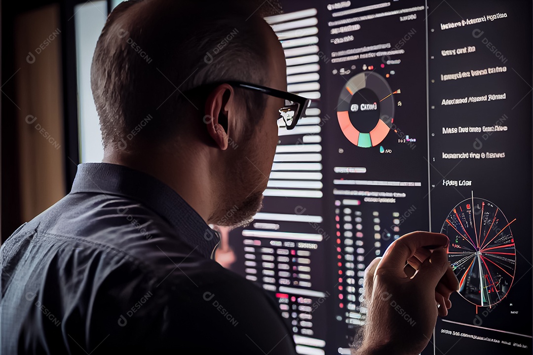 Analista trabalhando no painel de análise de negócios