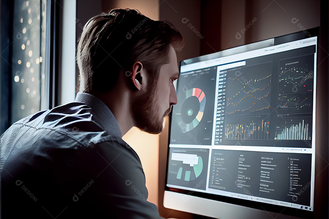 Analista trabalhando no painel de análise de negócios