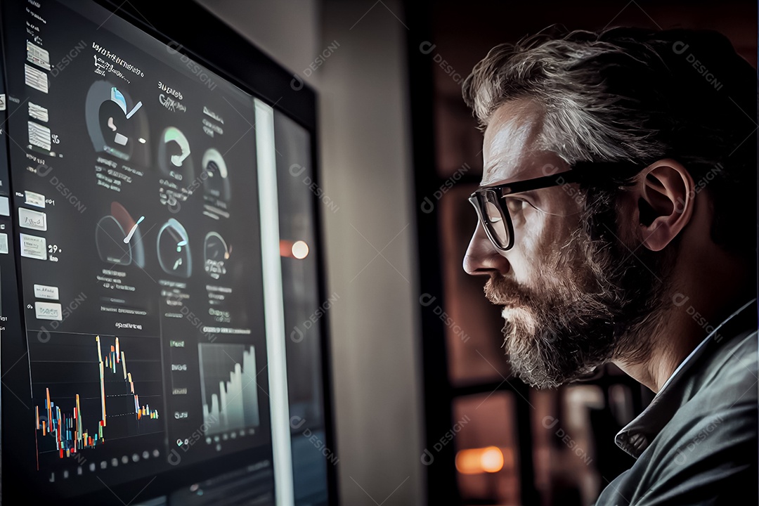 Analista trabalhando no painel de análise de negócios