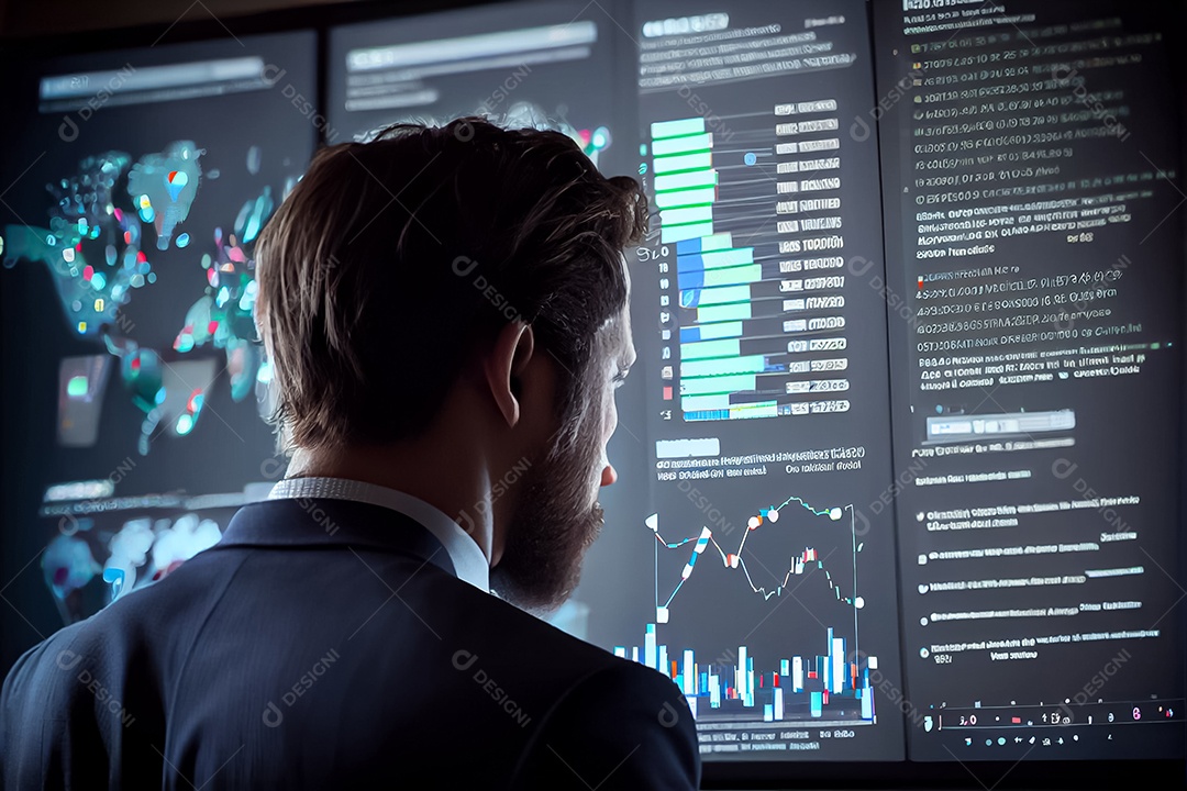 Analista trabalhando no painel de análise de negócios