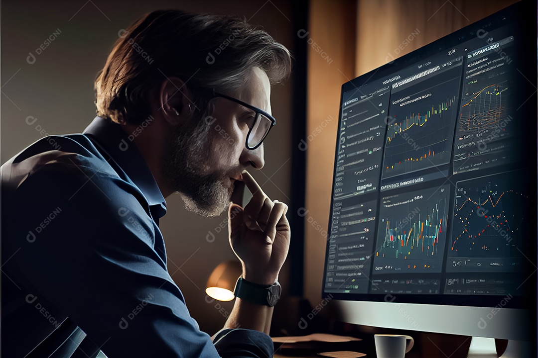 Analista trabalhando no painel de análise de negócios