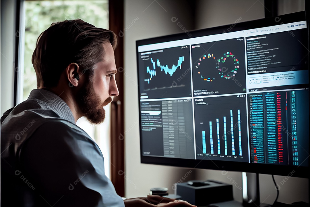 Analista trabalhando no painel de análise de negócios