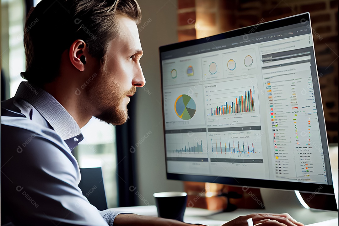 Analista trabalhando no painel de análise de negócios