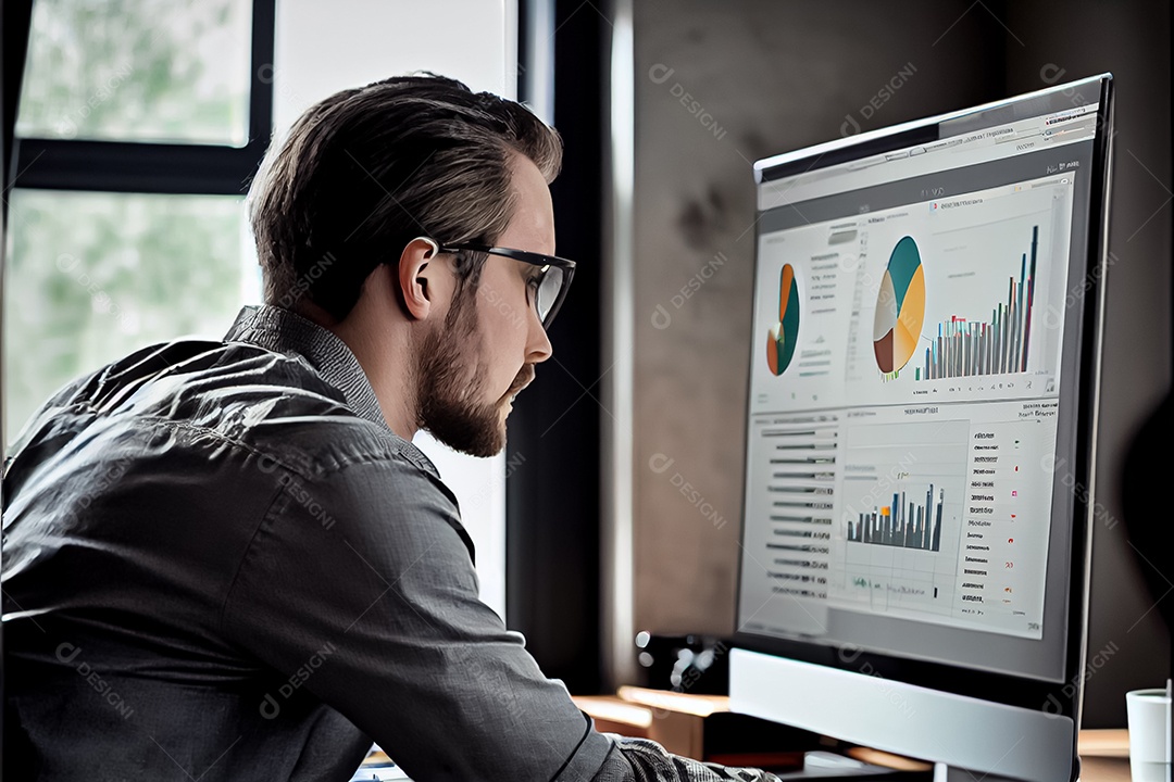 Analista trabalhando no painel de análise de negócios