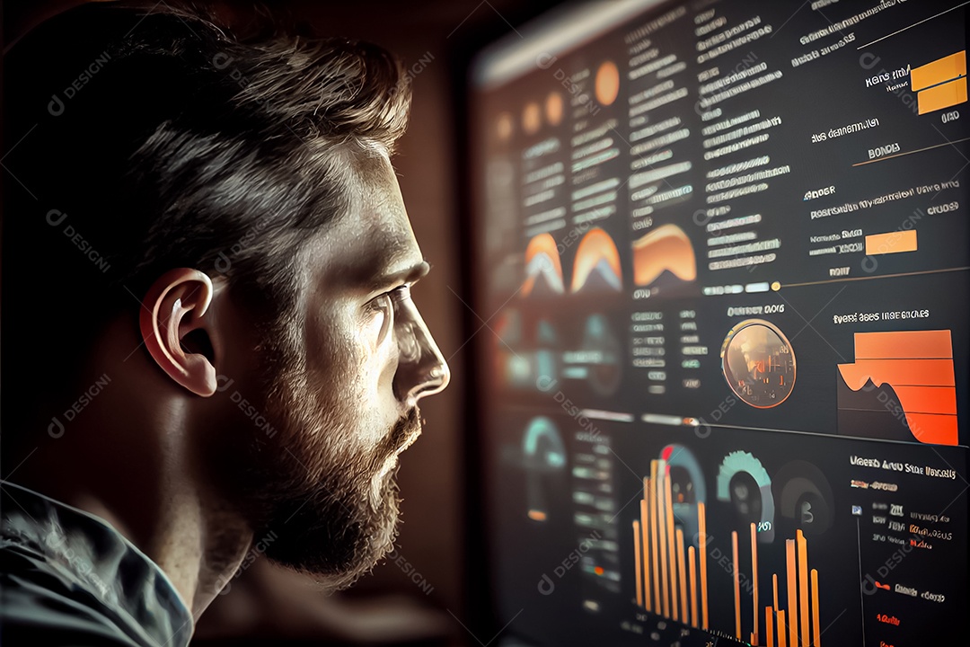 Analista trabalhando no painel de análise de negócios