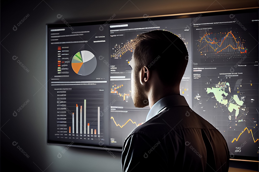 Analista trabalhando no painel de análise de negócios