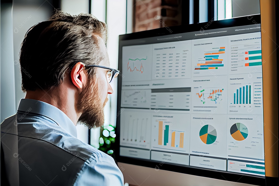Analista trabalhando no painel de análise de negócios
