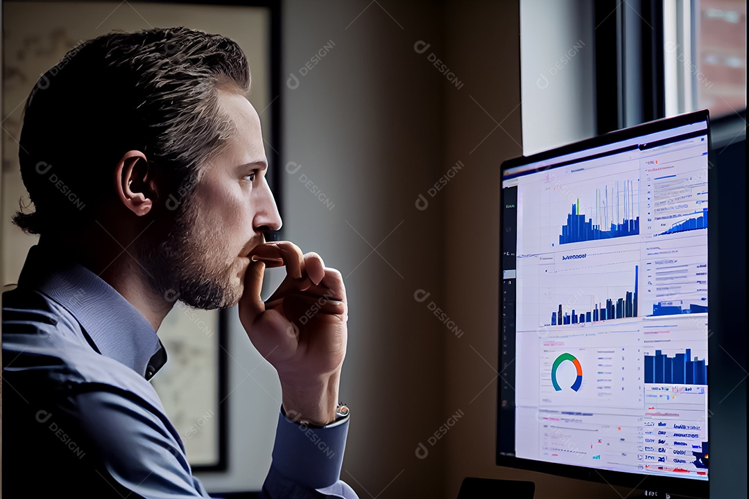 Analista trabalhando no painel de análise de negócios