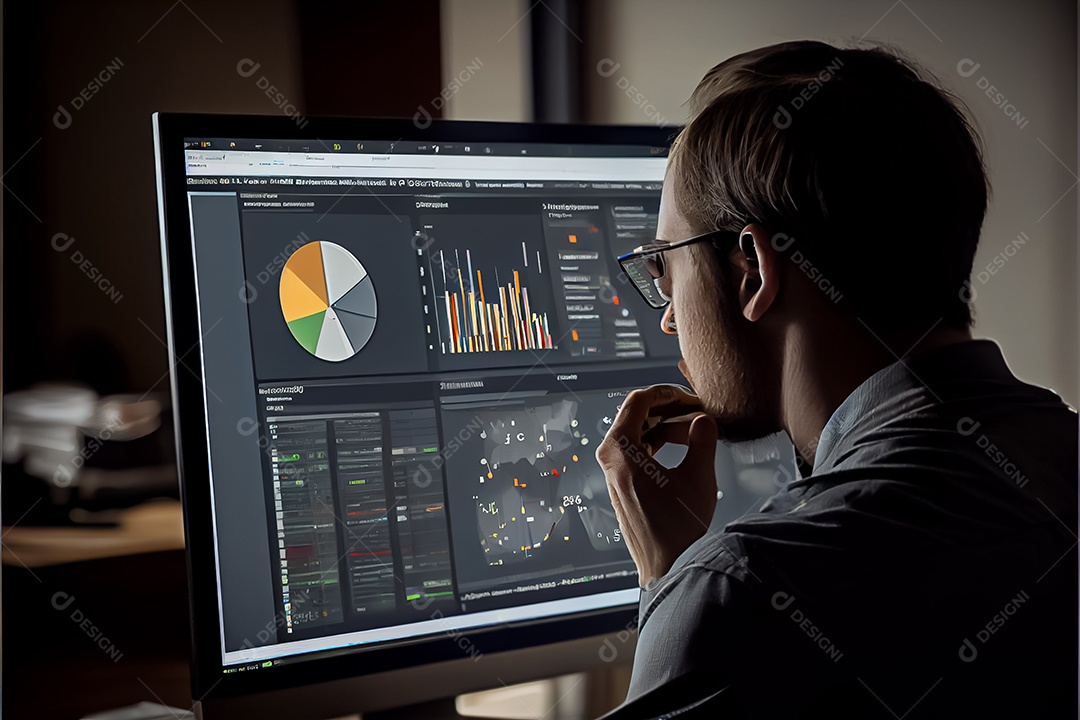 Analista trabalhando no painel de análise de negócios
