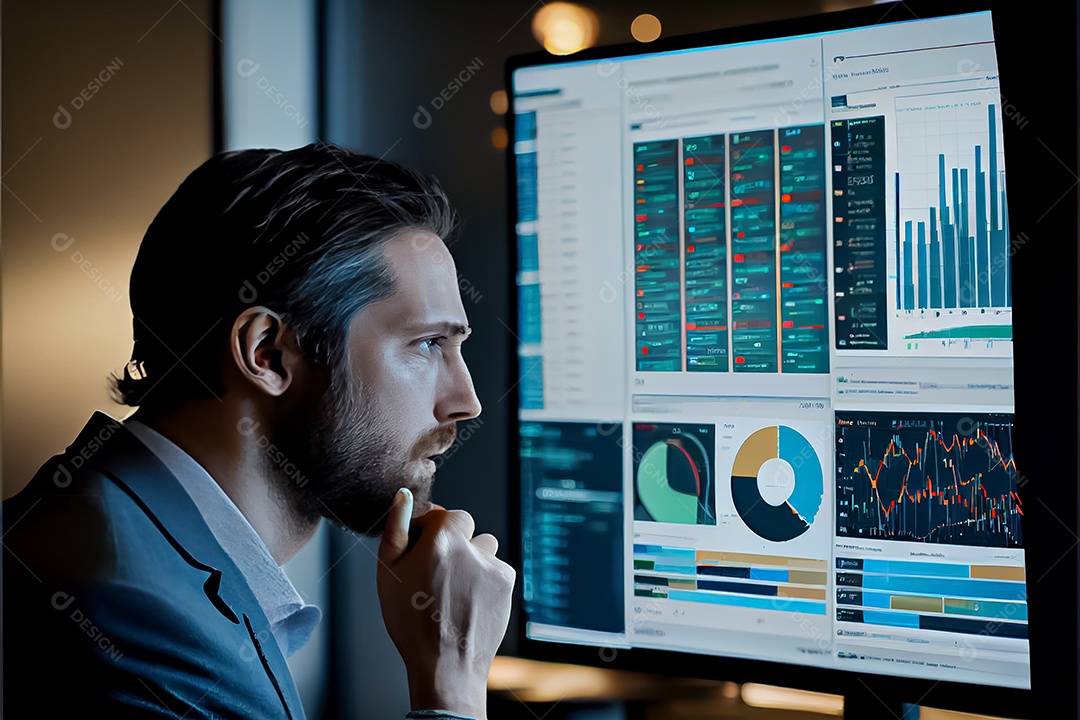 Analista trabalhando no painel de análise de negócios