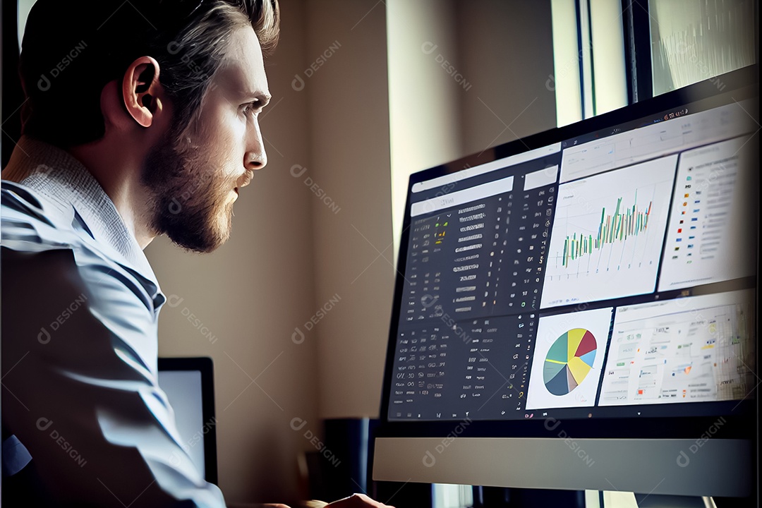 Analista trabalhando no painel de análise de negócios