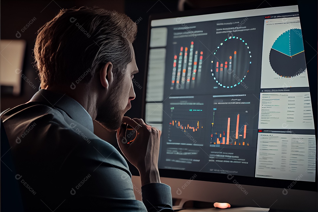 Analista trabalhando no painel de análise de negócios