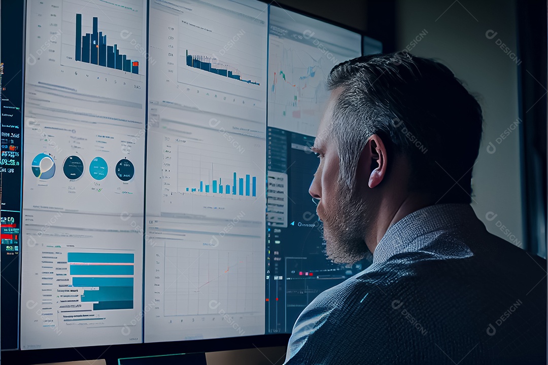 Analista trabalhando no painel de análise de negócios