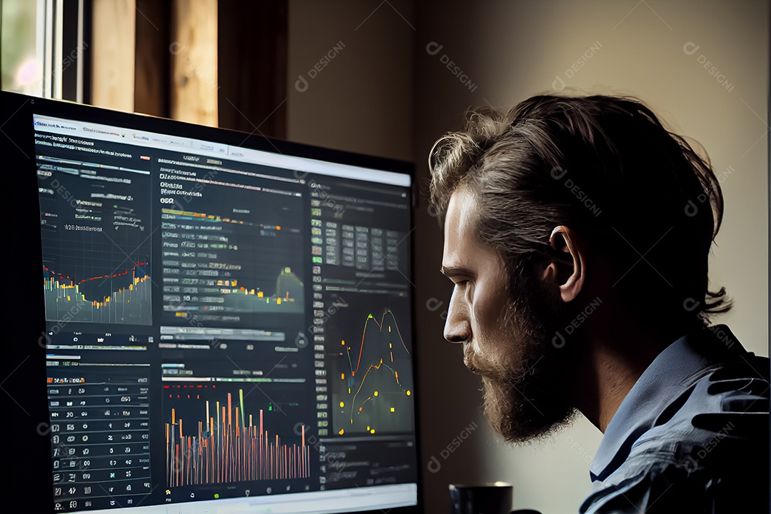 Analista trabalhando no painel de análise de negócios