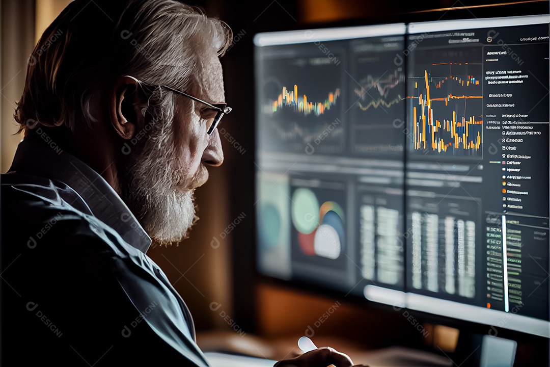 Analista trabalhando no painel de análise de negócios