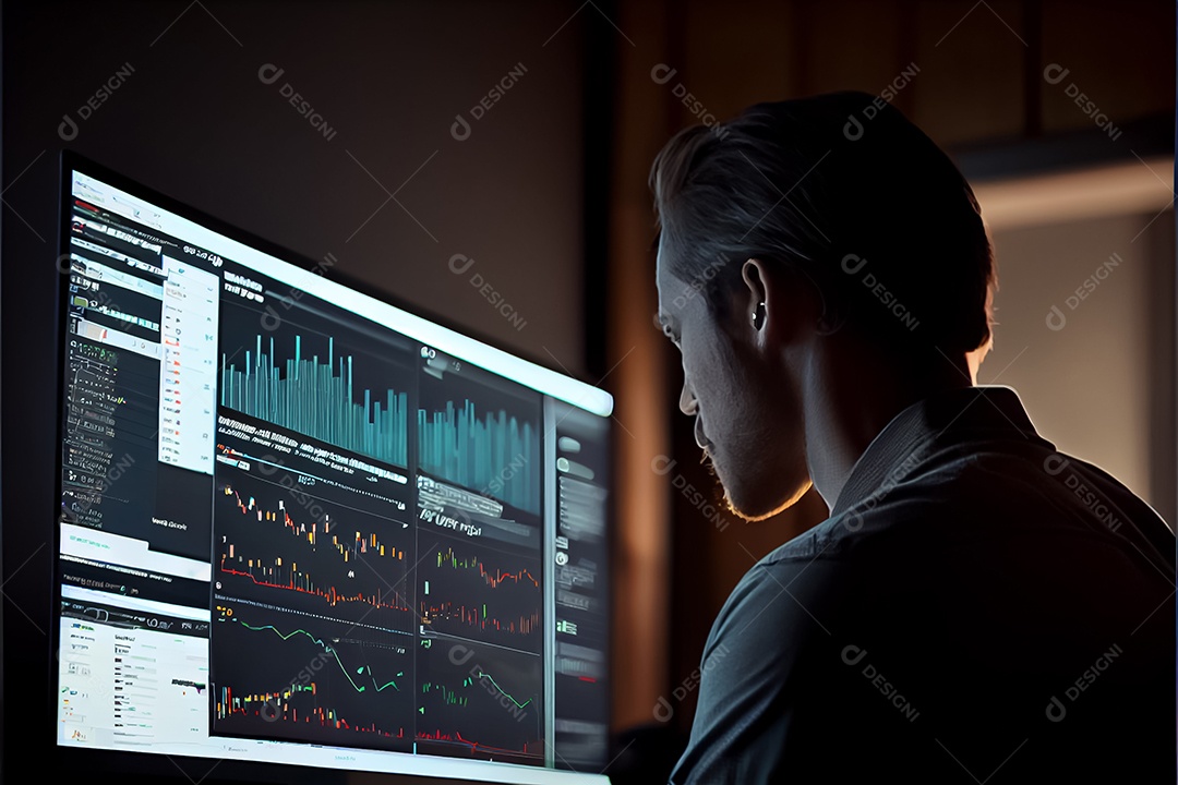 Analista trabalhando no painel de análise de negócios