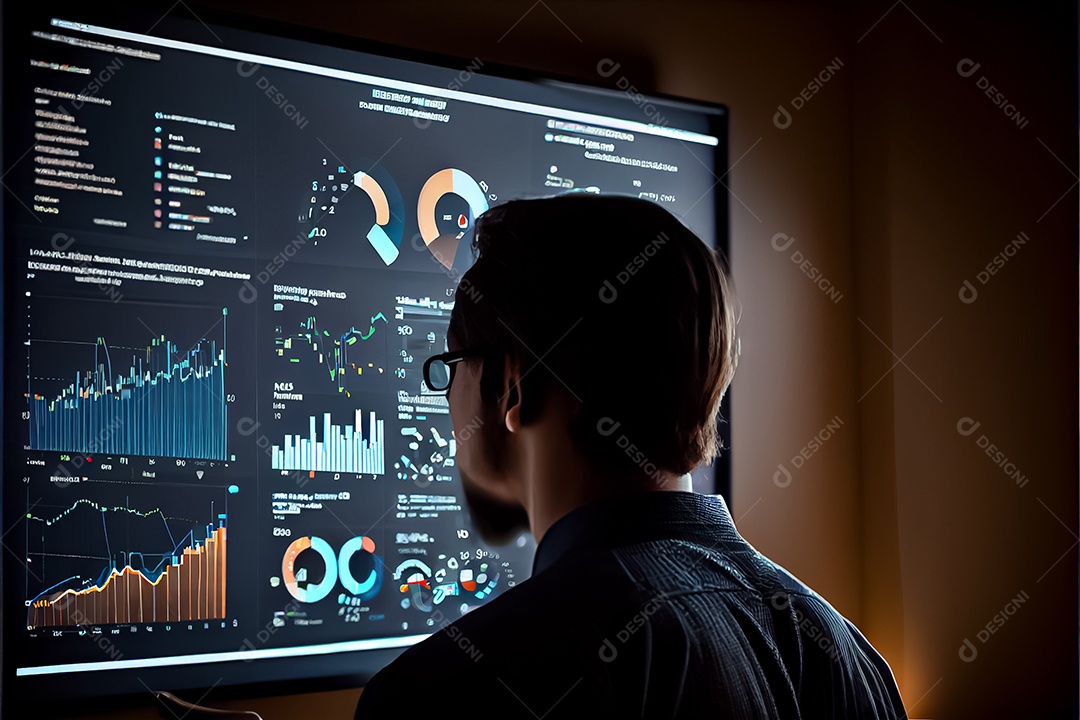 Analista trabalhando no painel de análise de negócios