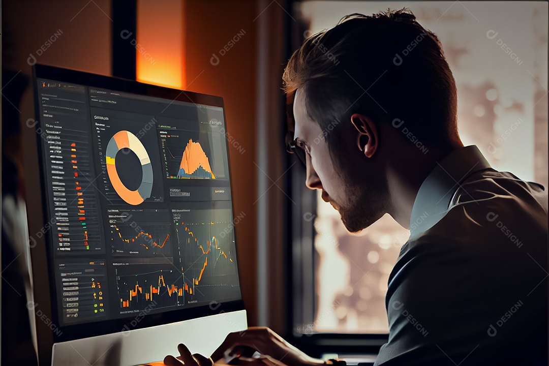 Analista trabalhando no painel de análise de negócios